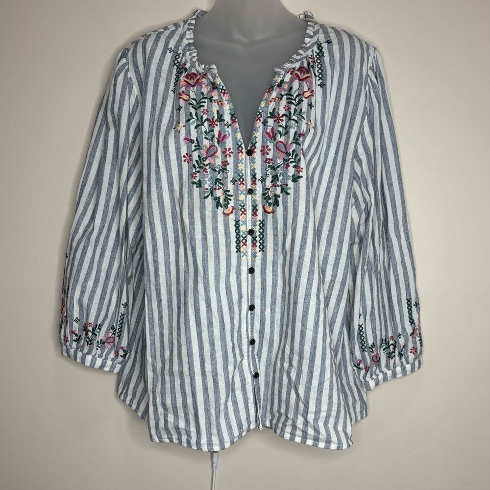 Kate & Sam 100% Cotton Striped Embroidered Floral Long sleeve tunic large